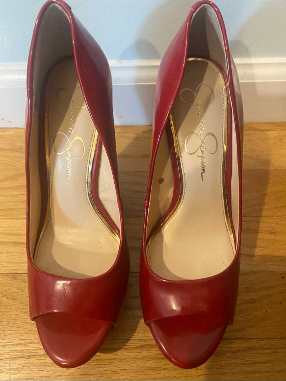 Jessica Simpson Red Patent Peep-Toe Cork Wedges - Picture 6 of 10